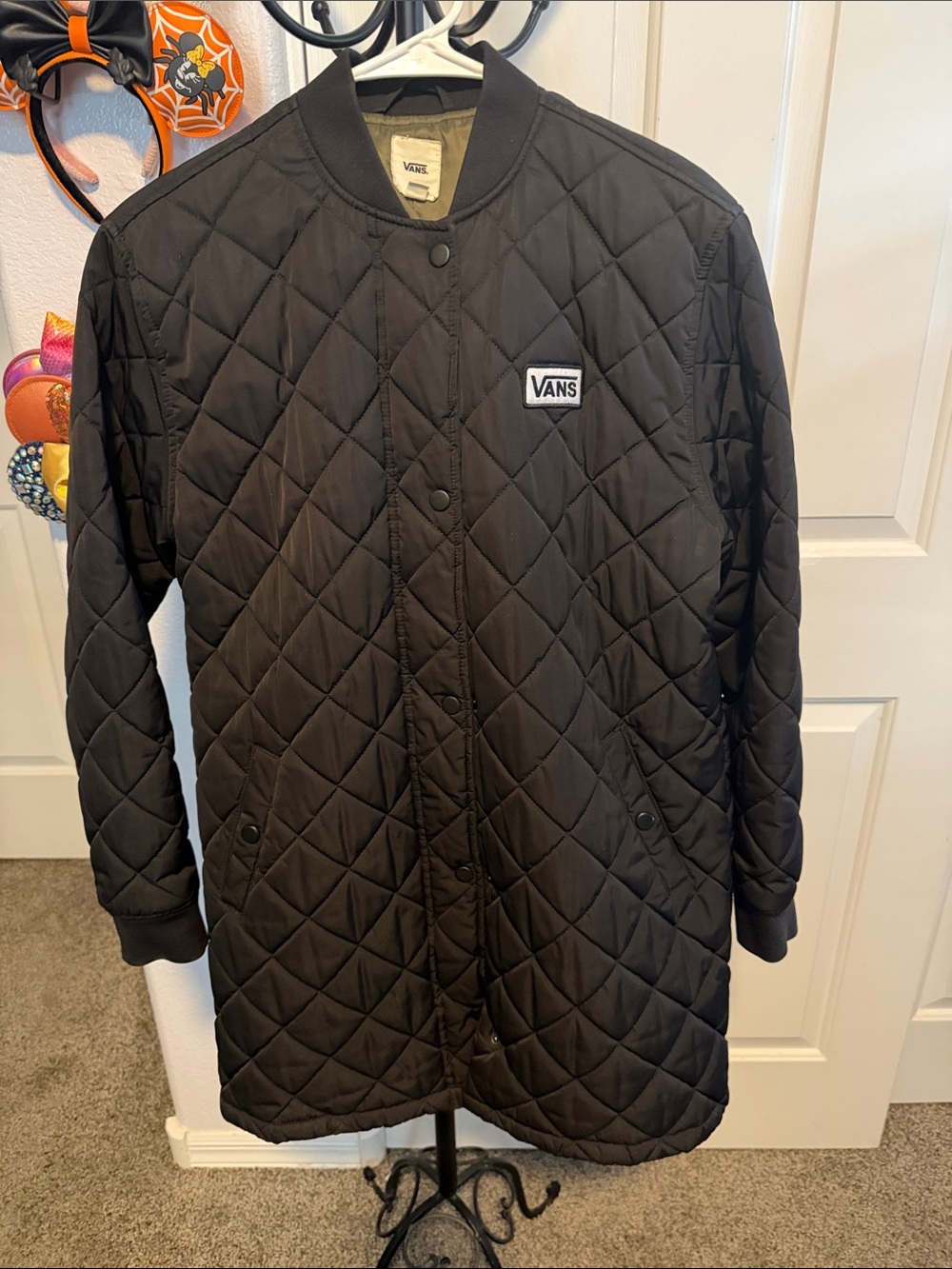 Vans Black Diamond-Quilt Long Puffer Coat XS - Zipper & Snap Closure